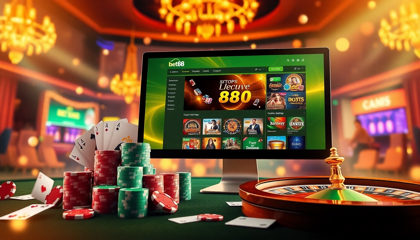 Experience thrilling gaming at Bet88 with a luxurious casino backdrop showcasing poker chips and a roulette wheel.
