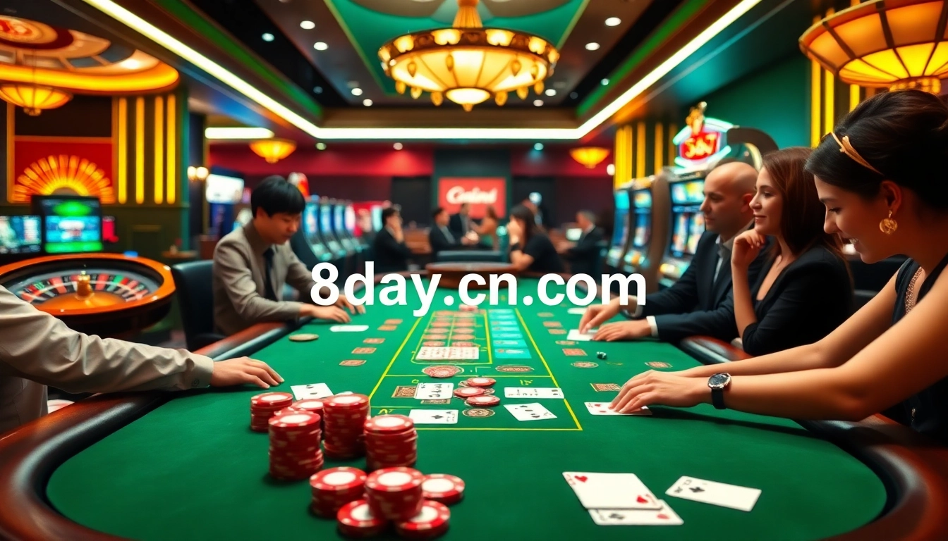 Experience high-stakes poker action at 8day.cn.com with colorful chips and an engaging atmosphere.
