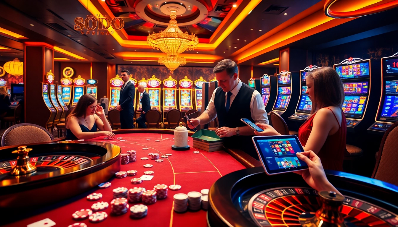 SODO Casino features an exciting tabletop scene with poker chips and a roulette wheel, showcasing a thrilling gambling experience.