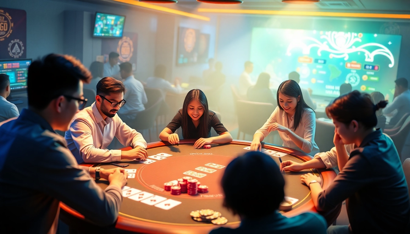 Dynamic online gaming scene on gamebaidoithuong.com.vc showcasing players engaged in card games.