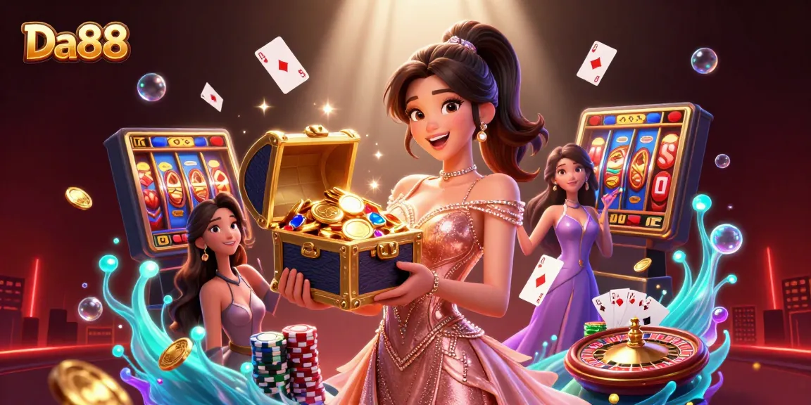 Experience thrill and excitement with Da88’s vibrant casino illustration featuring dynamic slots and joyful characters.
