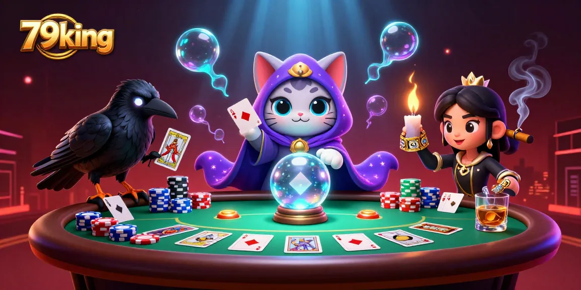 Experience thrilling gameplay at 79king with a mystical illustration of fortune teller and poker excitement.
