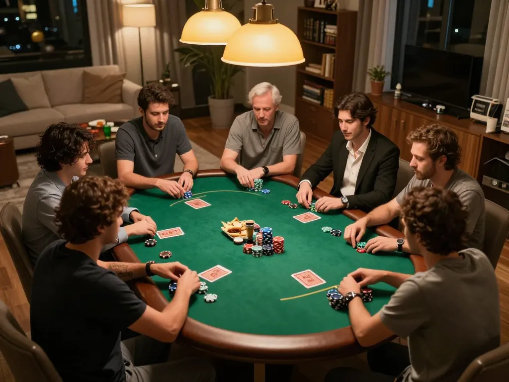 F8bet players enjoying an exciting poker night, showcasing skillful card play and vibrant chip stacks.