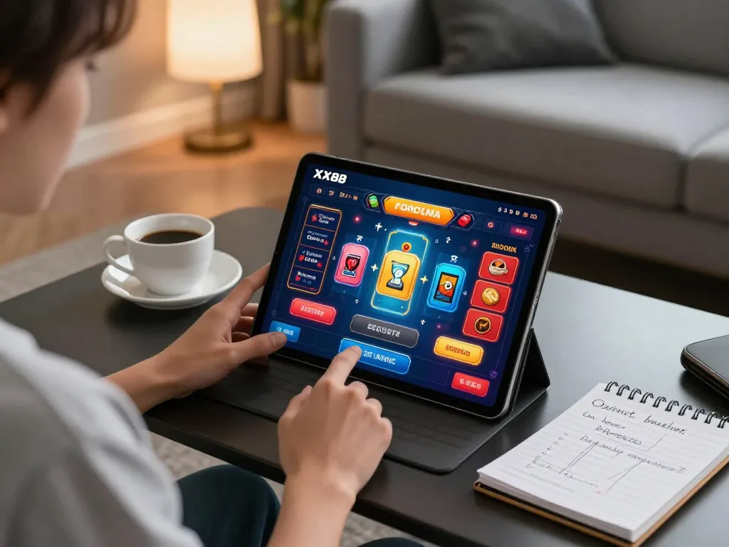 Engaging in online gaming with XX88 in a cozy living room setup, showcasing strategy notes and vibrant game graphics.