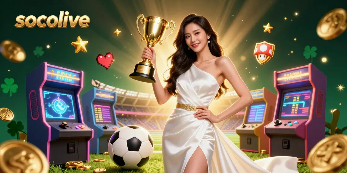 Socolive elevates sports betting experiences with a victorious Asian woman and vibrant gaming elements.