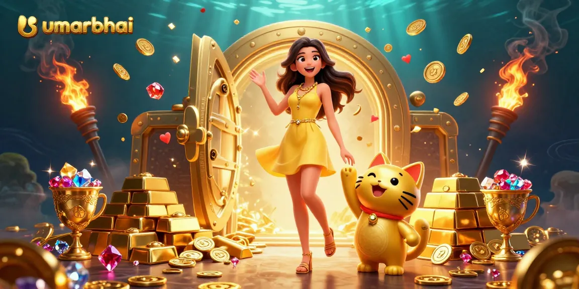 Play and win at umarbhai casino with vibrant gold treasures and a lucky cat mascot.
