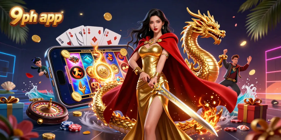Engage with the thrilling 9ph app, showcasing epic casino adventures with vibrant 3D characters.