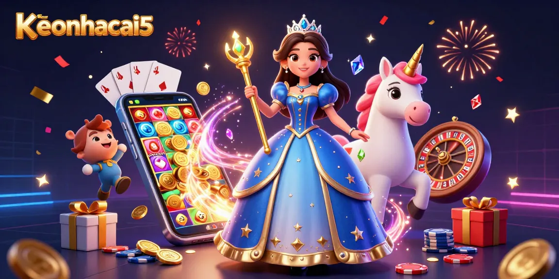 Experience thrilling betting with keonhacai5 in an energetic casino-themed atmosphere, featuring vibrant characters and games.