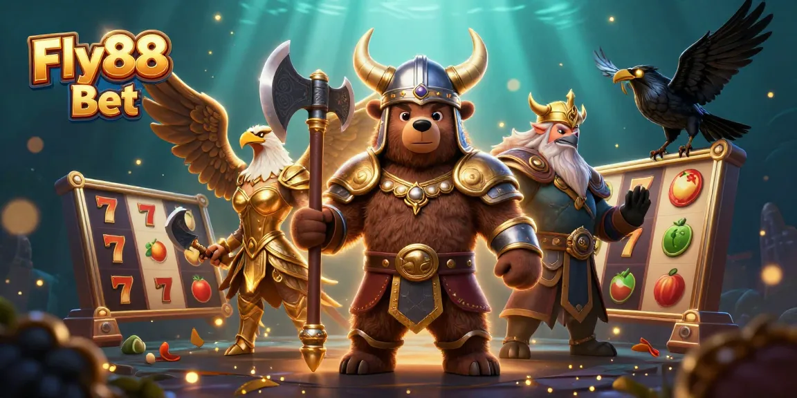 Engage with Fly88 Bet as a Viking berserker and Valkyrie dominate a thrilling casino scene.