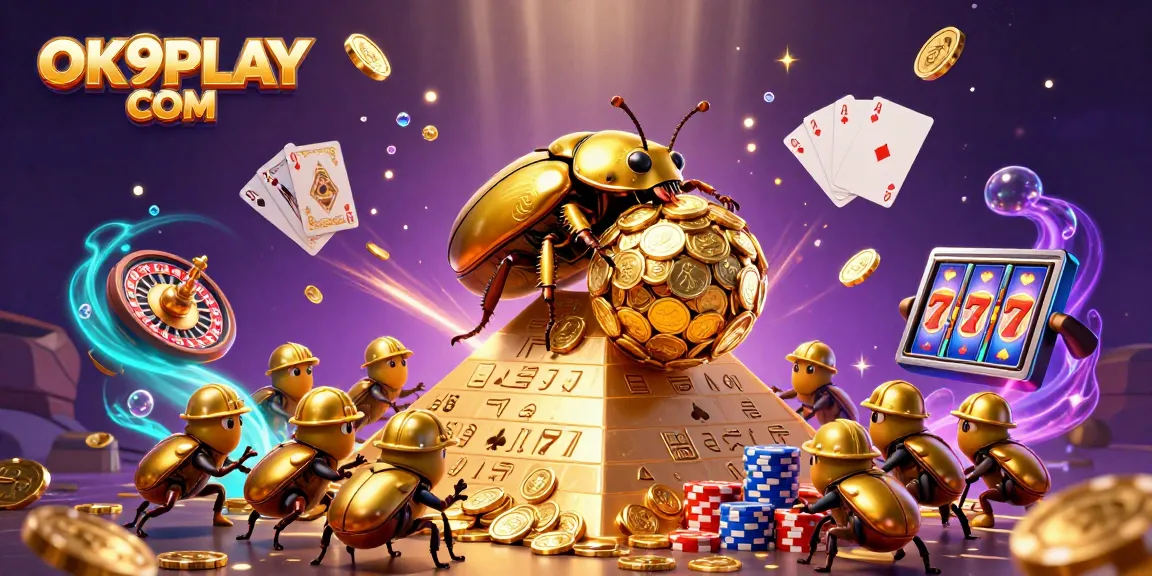 Bet on big wins at OK9PLAY COM with vibrant casino activities and rolling golden coins.
