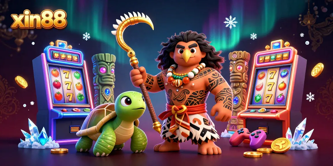 Experience thrilling gaming action with xin88 as the 3D demigod and turtle navigate colorful slot machines and vibrant casino elements.