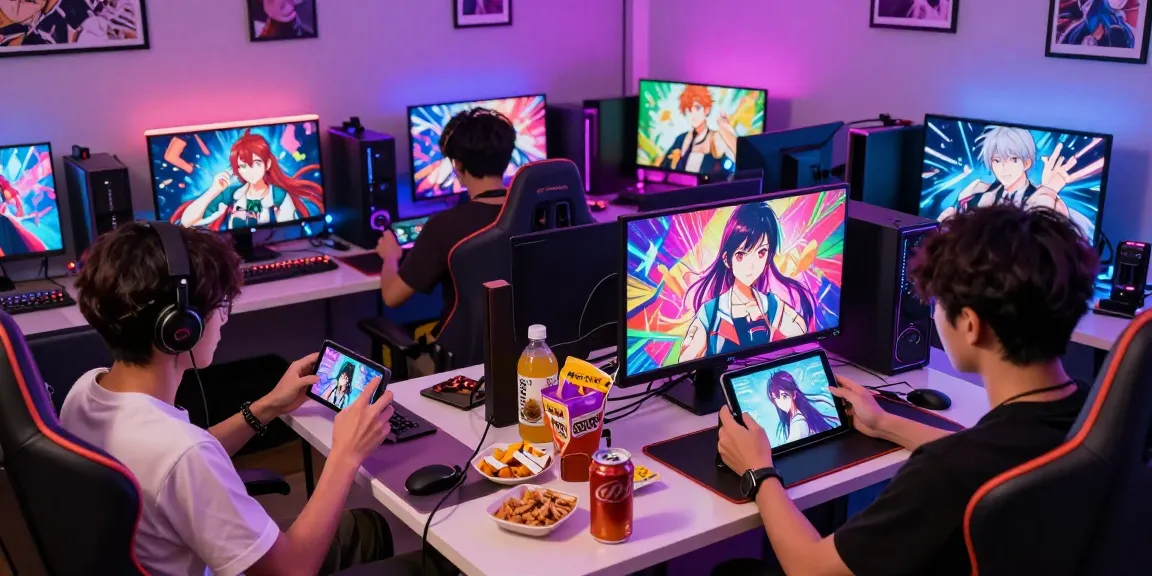 Engaging players enjoying free ecchi games on various devices in a lively gaming setup.