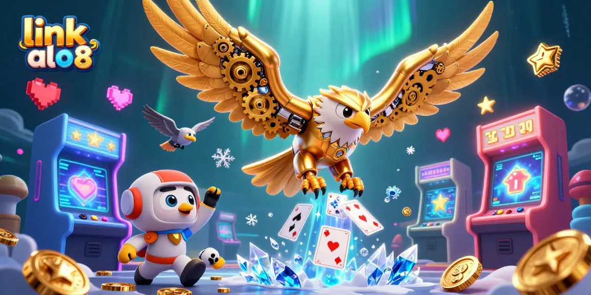 Experience thrilling games at link alo8 with a futuristic golden eagle amidst vibrant casino elements.