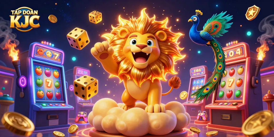 TẬP ĐOÀN KJC invites players to enjoy dynamic 3D slot machines amidst a vibrant golden casino atmosphere.