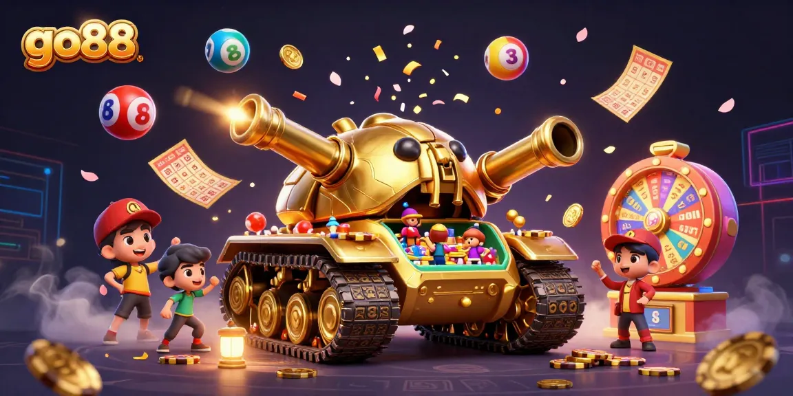 Experience the excitement of go88 with a vibrant illustration of a golden beetle tank casino.