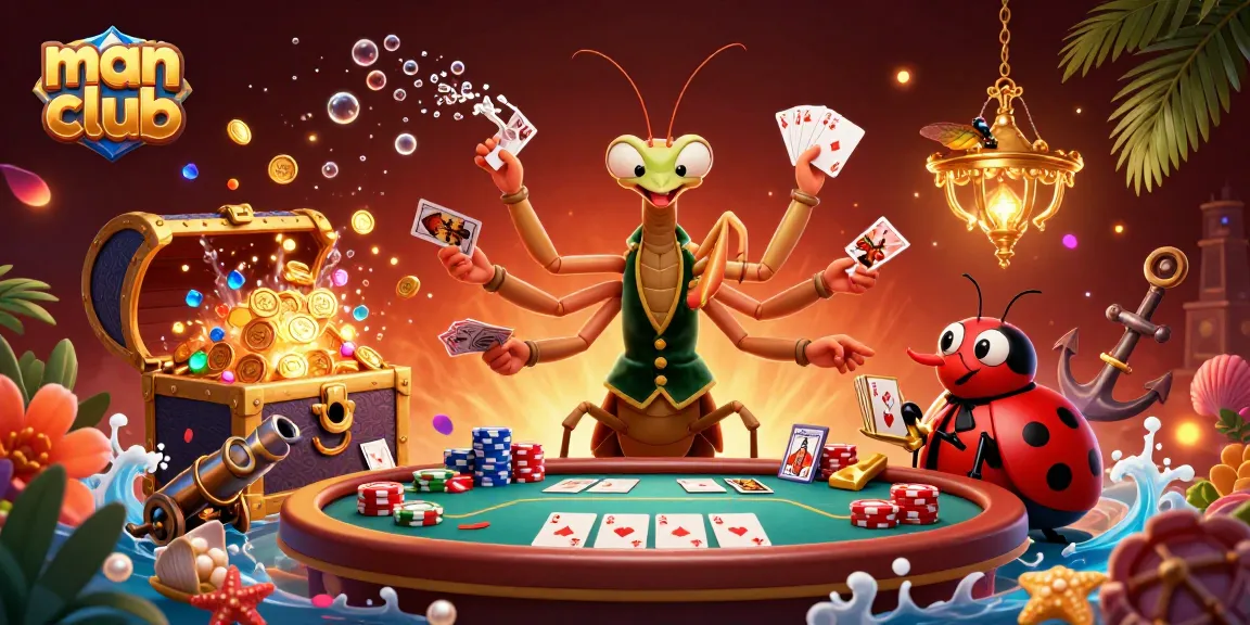 Experience vibrant gaming at man club with a stunning 3D scene featuring a giant mantis card sharp and engaging casino elements.