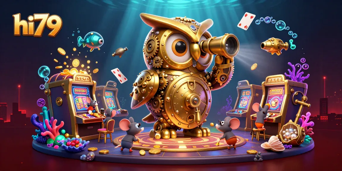Engage with hi79's vibrant casino experience featuring a clockwork owl and animated mice among golden rewards.
