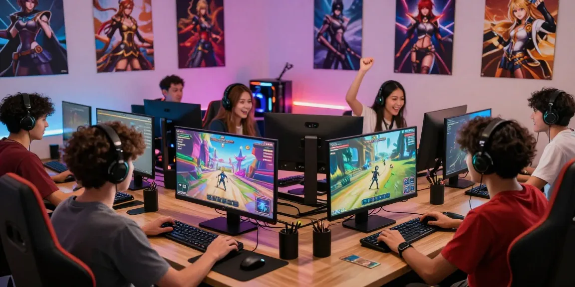 Players enjoying ecchi games online in a lively gaming lounge, surrounded by colorful fantasy characters and dynamic scenes.