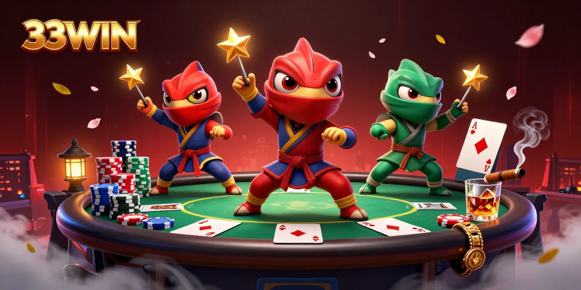 33WIN ninja chameleons showcase their skills in an action-packed poker scene with vibrant casino elements.