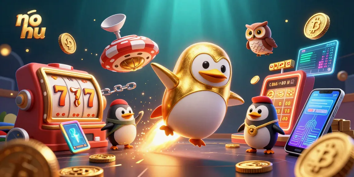 Spin to win with no hu at a vibrant casino, featuring a golden penguin and slot elements.