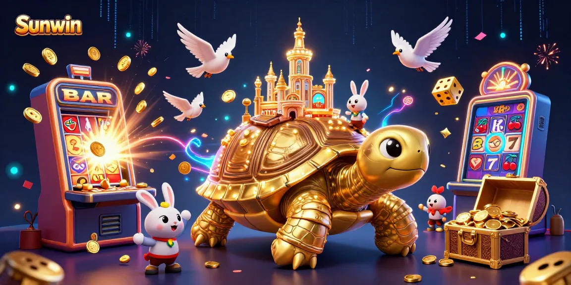 Experience exciting gameplay at Sunwin with a vibrant illustration featuring a tortoise casino and dynamic game elements.