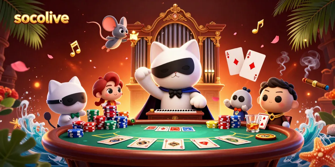 Socolive offers engaging poker action surrounded by whimsical characters in a lively casino scene.