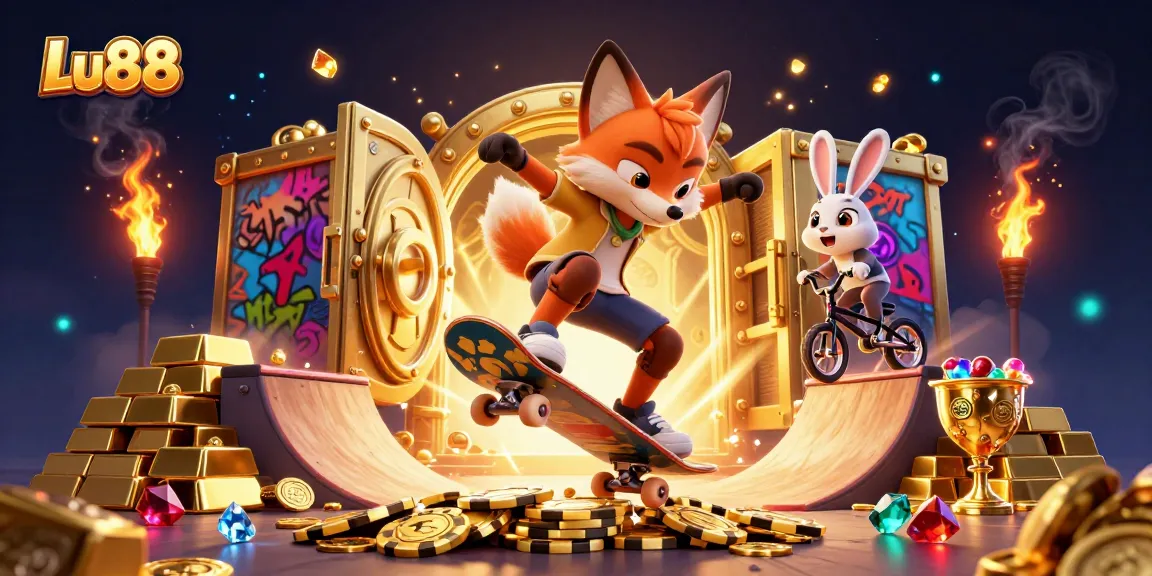 Experience Lu88's thrilling gaming world with a vibrant action scene featuring dynamic casino characters and glittering rewards.