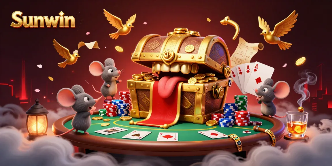 Sunwin casino adventure features a golden treasure chest luring players with riches amidst poker and gaming elements.