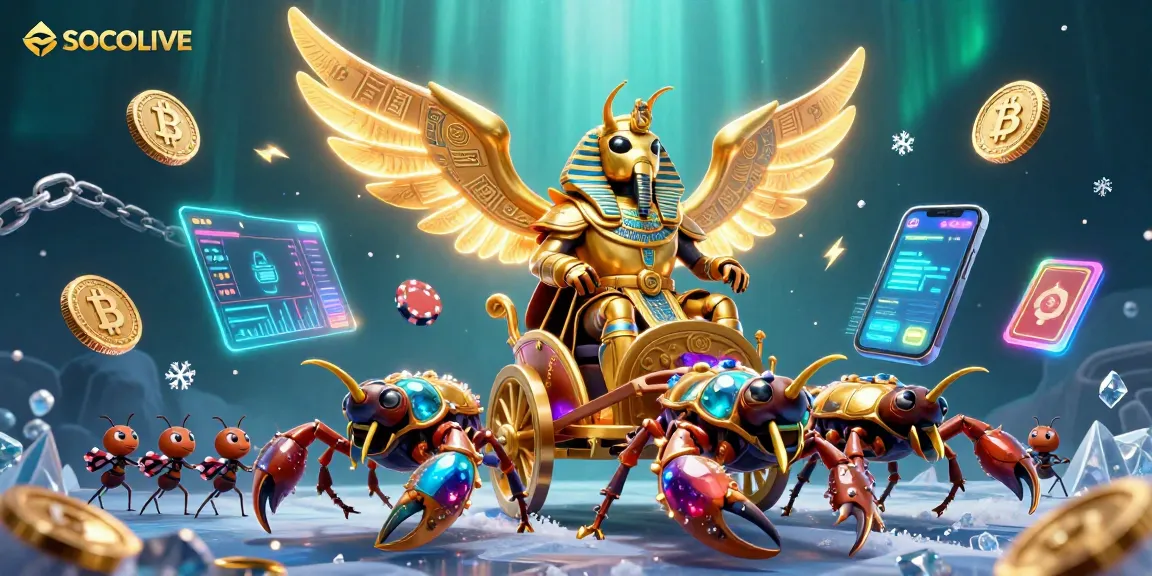 SOCOLIVE showcases a dynamic scene of a golden scarab beetle and scorpions amidst vibrant crypto elements for a thrilling gaming experience