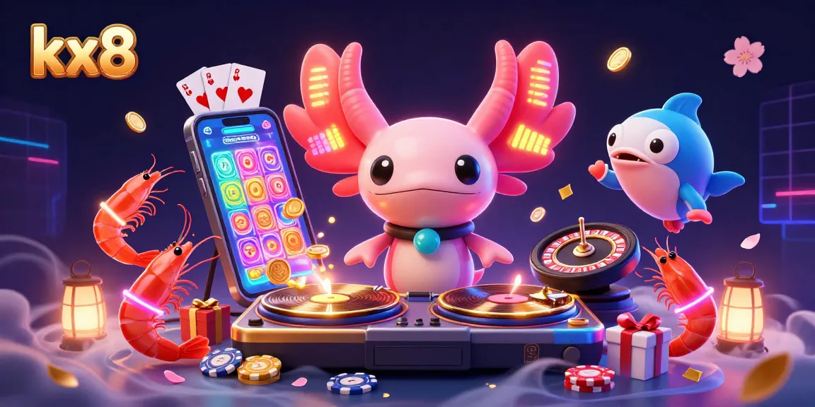 Engage with kx8's thrilling casino fun, featuring an axolotl DJ and vibrant gaming elements.