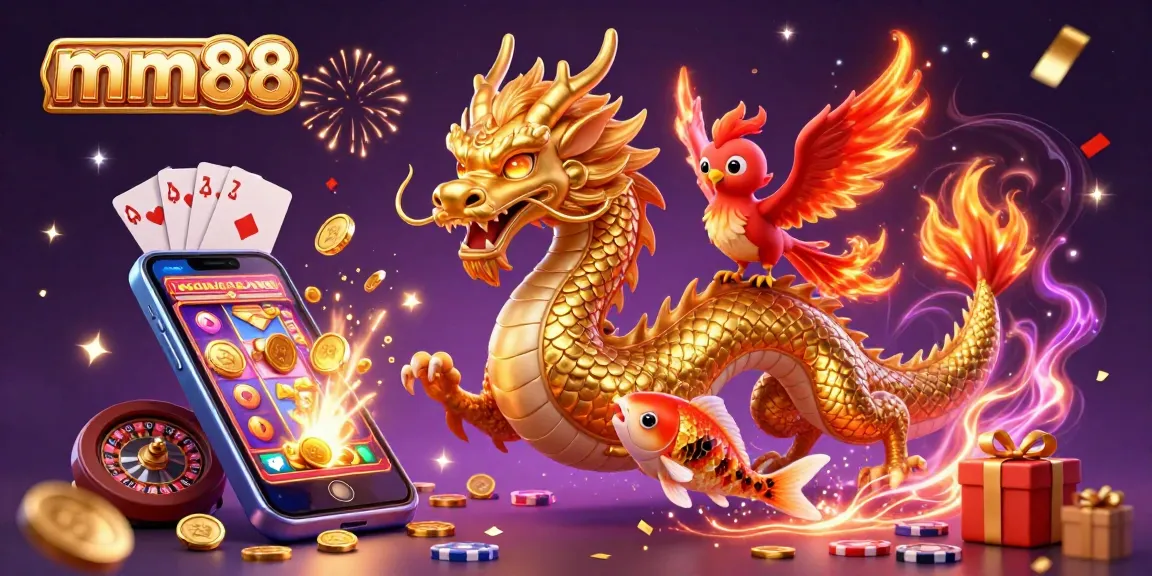 Experience the excitement of mm88 with a vibrant 3D casino scene featuring a dragon, phoenix, and koi fish.