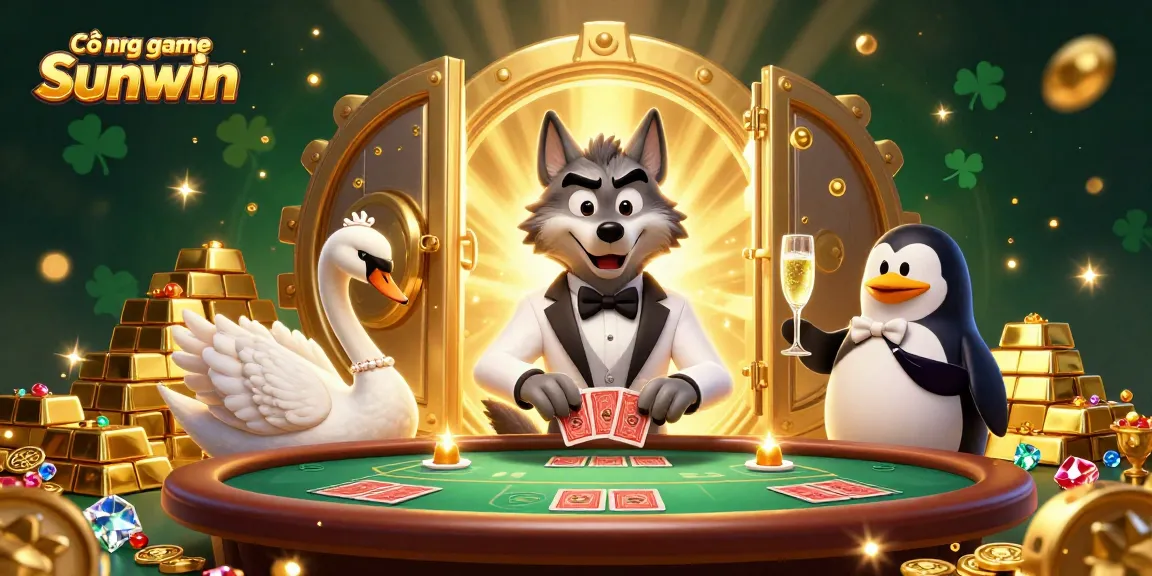 Engage in the thrilling Cổng game Sunwin experience featuring a debonair wolf and elegant swan at a vibrant table game.