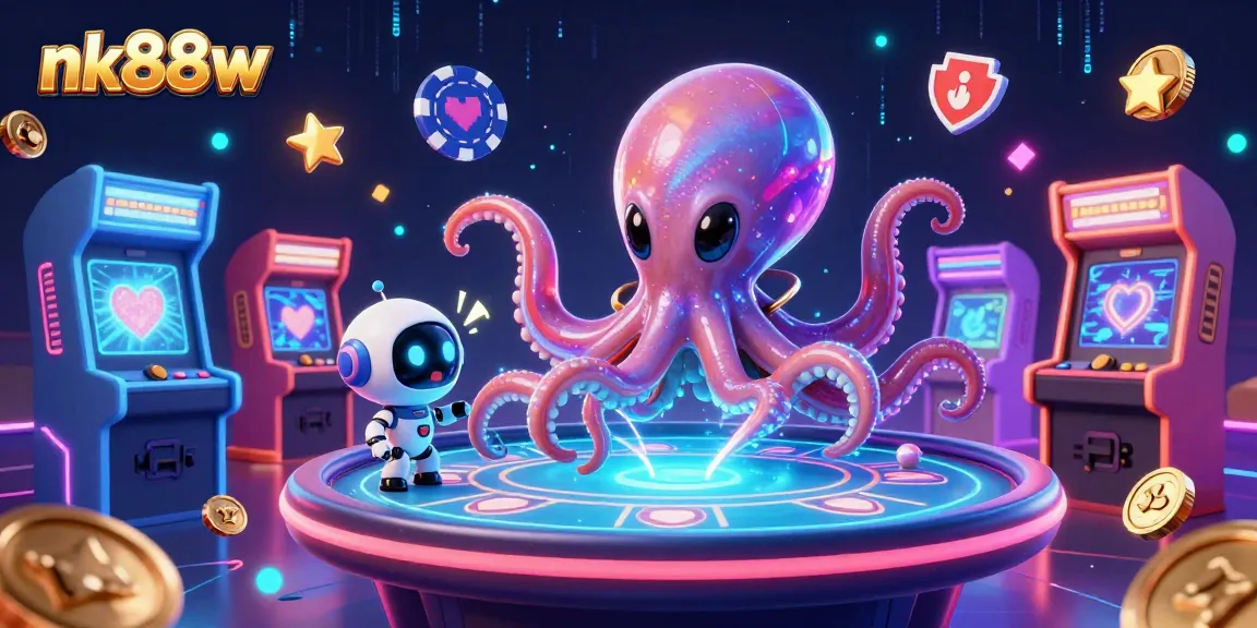 Experience exciting gameplay at nk88w with an alien octopus and robot at a vibrant holographic poker game.