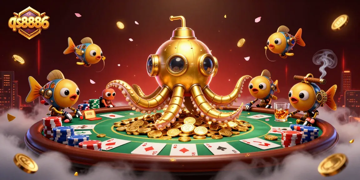 Play exciting games and win with qs8886, featuring colorful poker elements and a golden kraken.