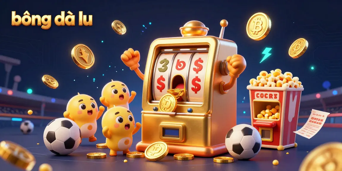 bóng đá lu showcases a captivating 3D illustration of a cheerful slot machine celebrating a jackpot, surrounded by sports elements and crypto coins.