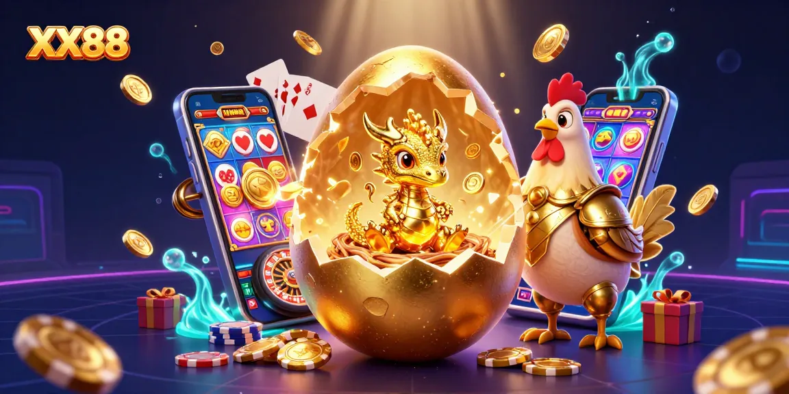 Play games at XX88 with a breathtaking 3D cartoon scene featuring a golden dragon and rich casino elements.