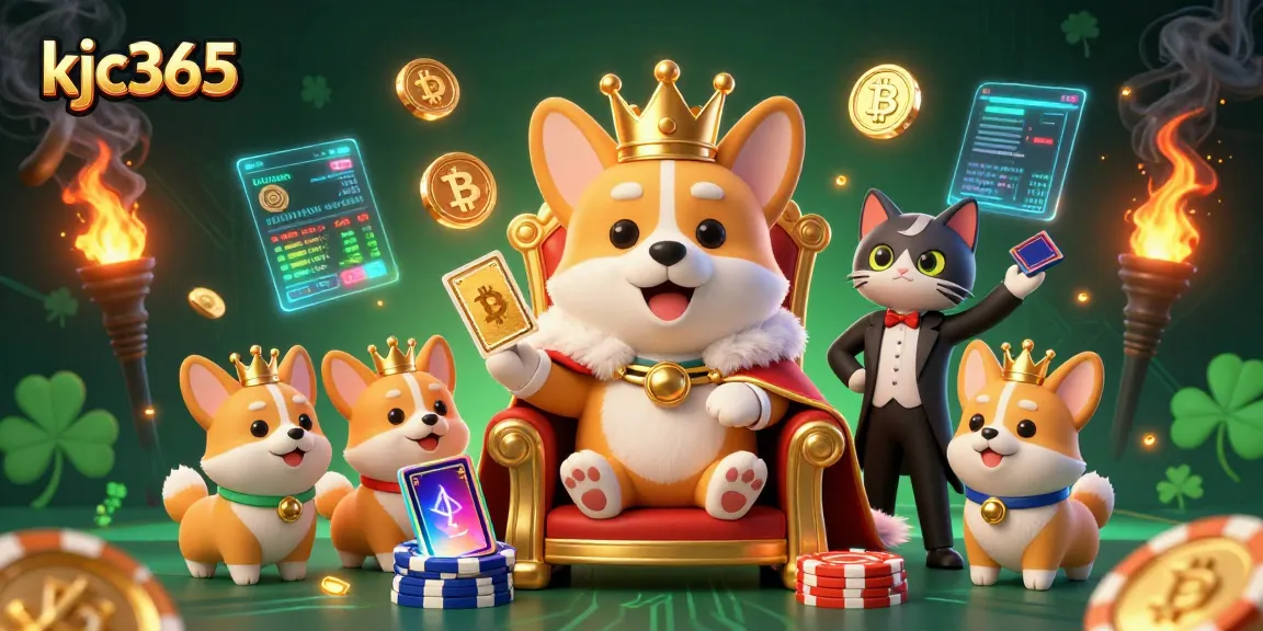 Join the fun at kjc365, where a royal corgi reigns on a throne of poker chips with crypto coins.