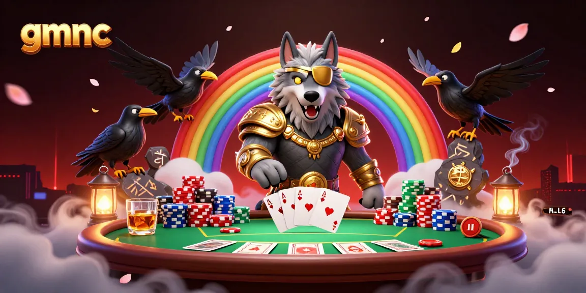 Engage in thrilling gameplay at gmnc with Odin and ravens amidst casino chips and poker elements.