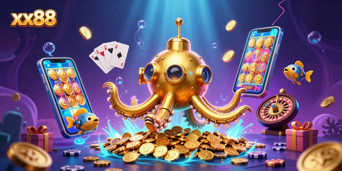 Experience thrilling action at xx88 with a 3D kraken submarine amidst golden coins and gaming elements.