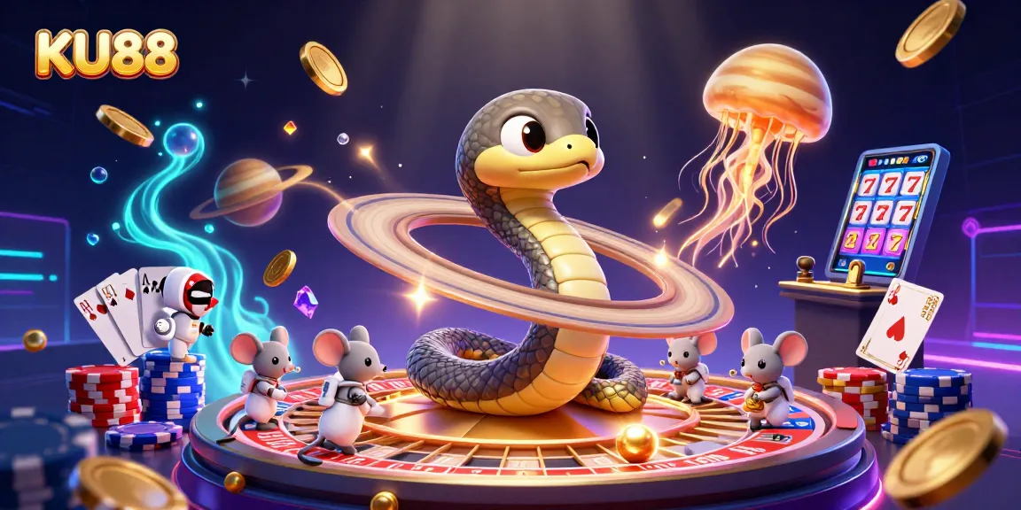 Experience thrilling bets at KU88 with 3D cartoon characters in a vibrant casino scene.