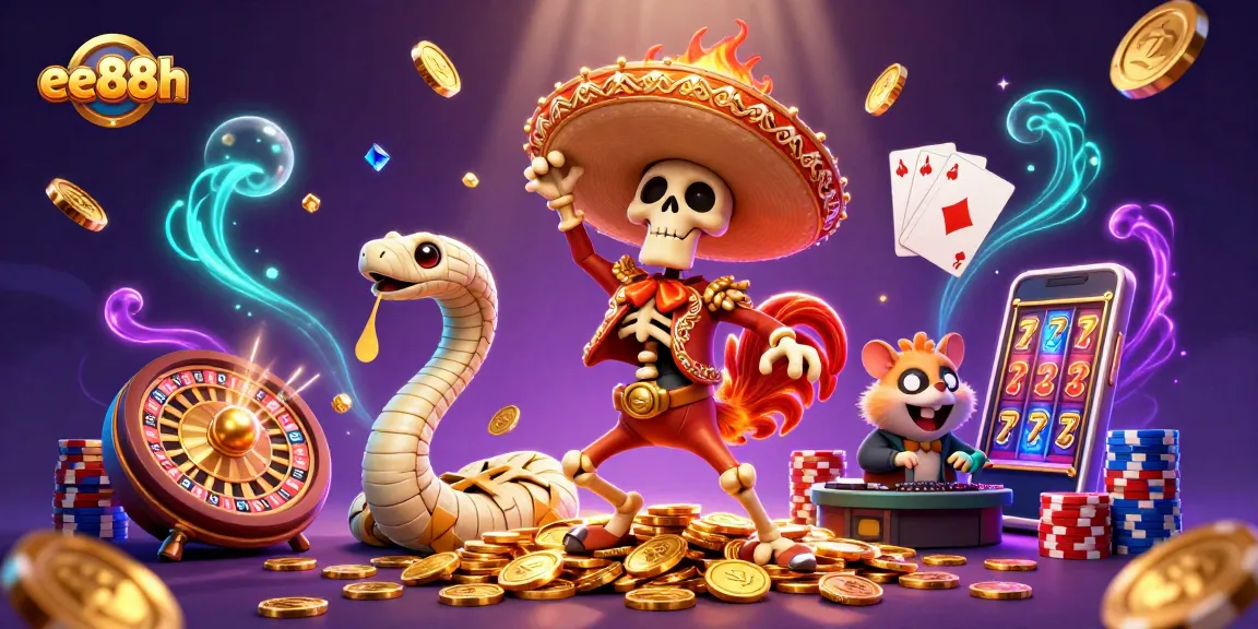 Experience thrilling action at ee88h with a vibrant illustration featuring casino characters amidst golden coins and games.