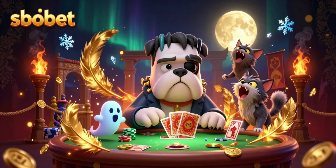 SboBet sports betting scene with a bulldog dealer, ghost mouse, and werewolf kitten in a vibrant illustration.