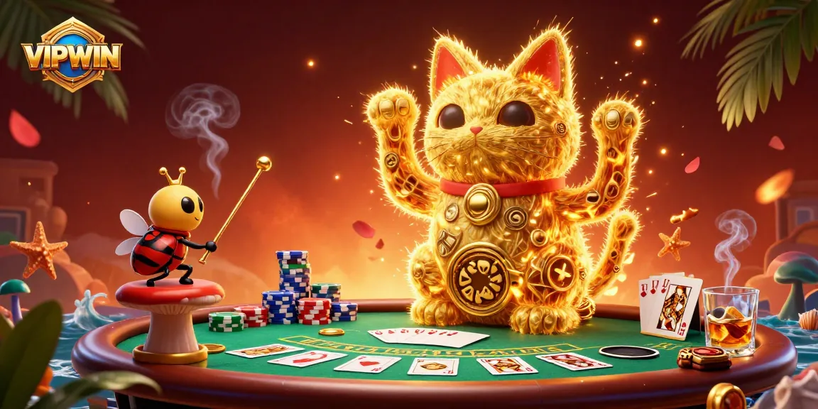 Experience the thrill of VIPWIN with a vibrant casino scene featuring a lucky cat and dynamic poker elements.