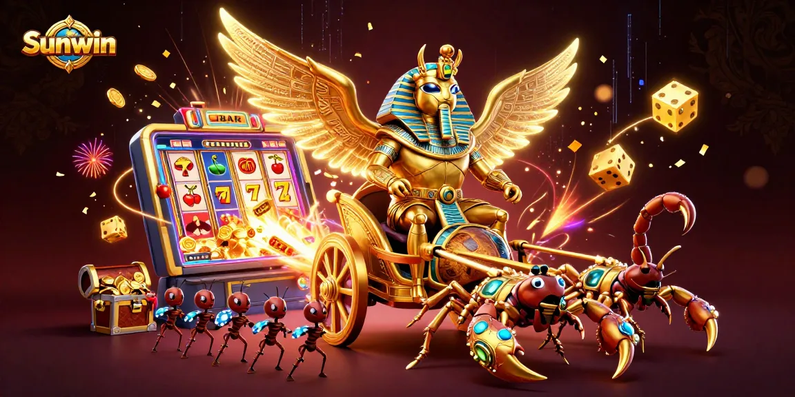 Experience the excitement of Sunwin with a dynamic casino scene featuring a golden scarab and jackpot winning elements.