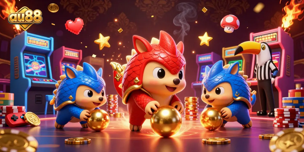 Engage with the dynamic world of au88 casino where cartoon pangolins compete with golden balls amidst vibrant gaming elements.