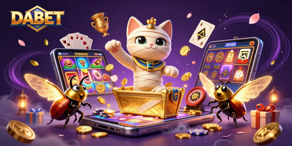 DABET casino illustration showing an Egyptian mummy cat with golden sarcophagus and glowing scarab amidst gaming elements.