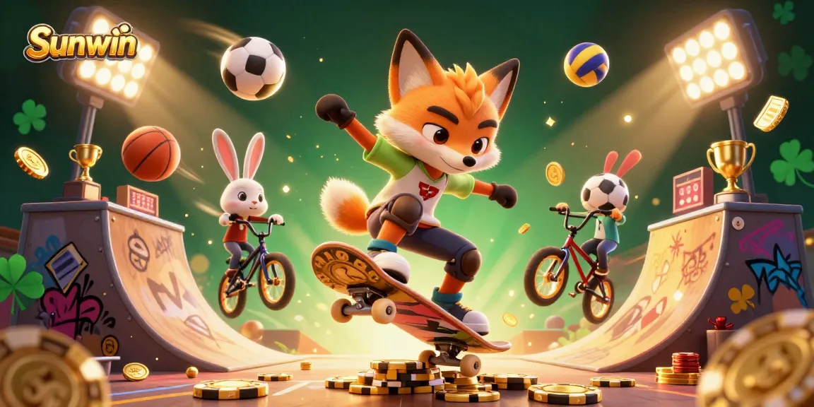 Sunwin highlights a 3D cartoon fox skateboarding over golden poker chips with dynamic sports betting elements surrounding.