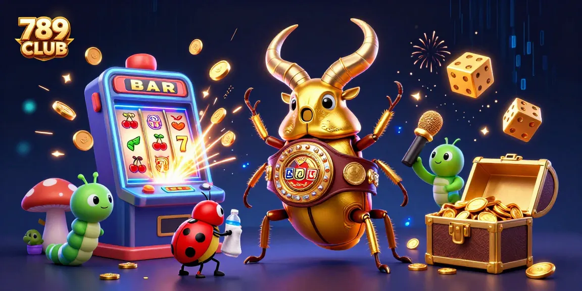 Engaging scene of 789 CLUB featuring a giant golden stag beetle and vibrant casino elements.