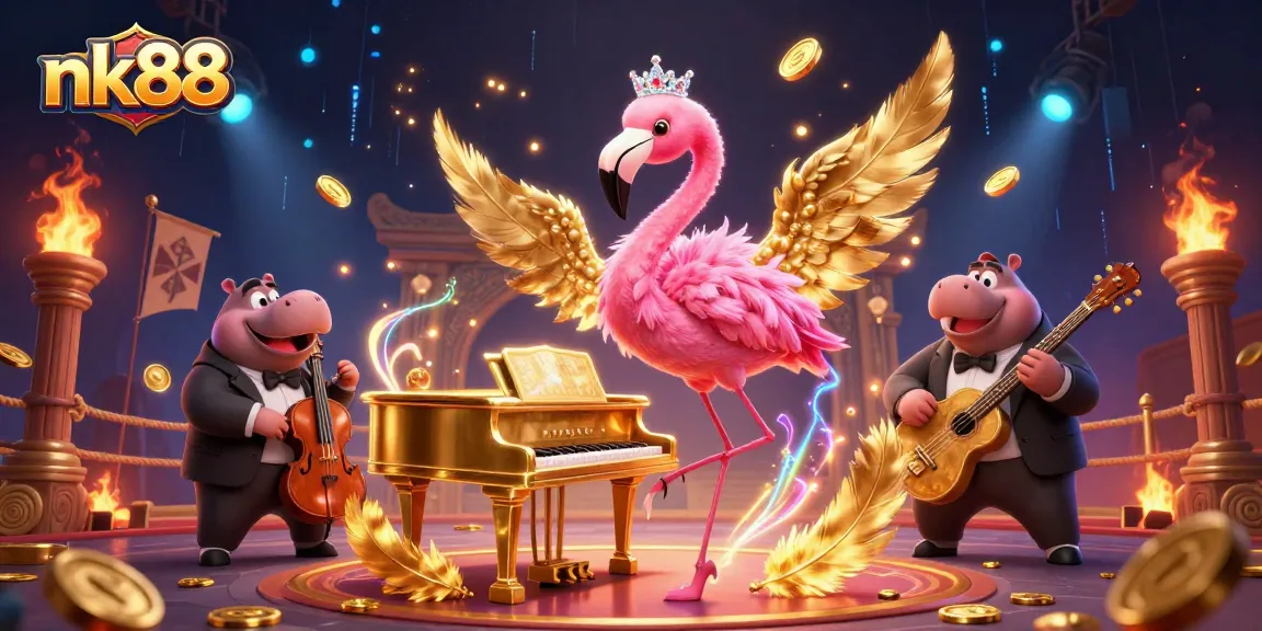 Enjoy vibrant gaming experiences at nk88 with a lively illustration of casino performers surrounded by gold coins.