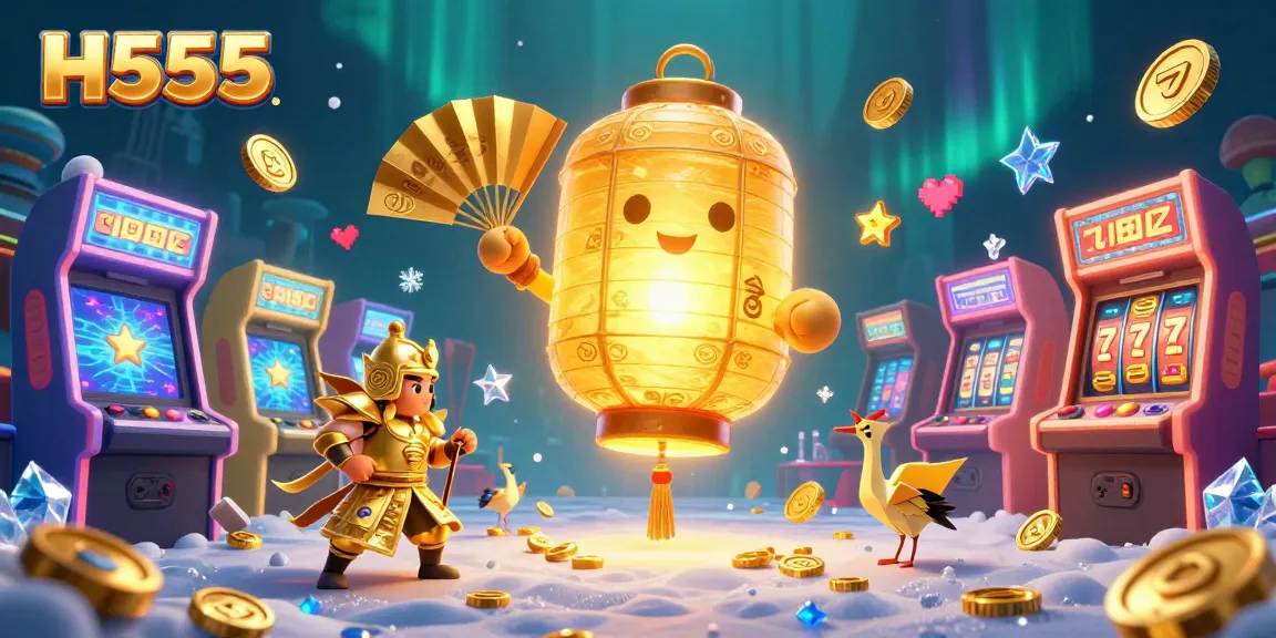 H555 delivers excitement with a 3D illustration of a golden lantern spirit guiding players through thrilling casino adventures.